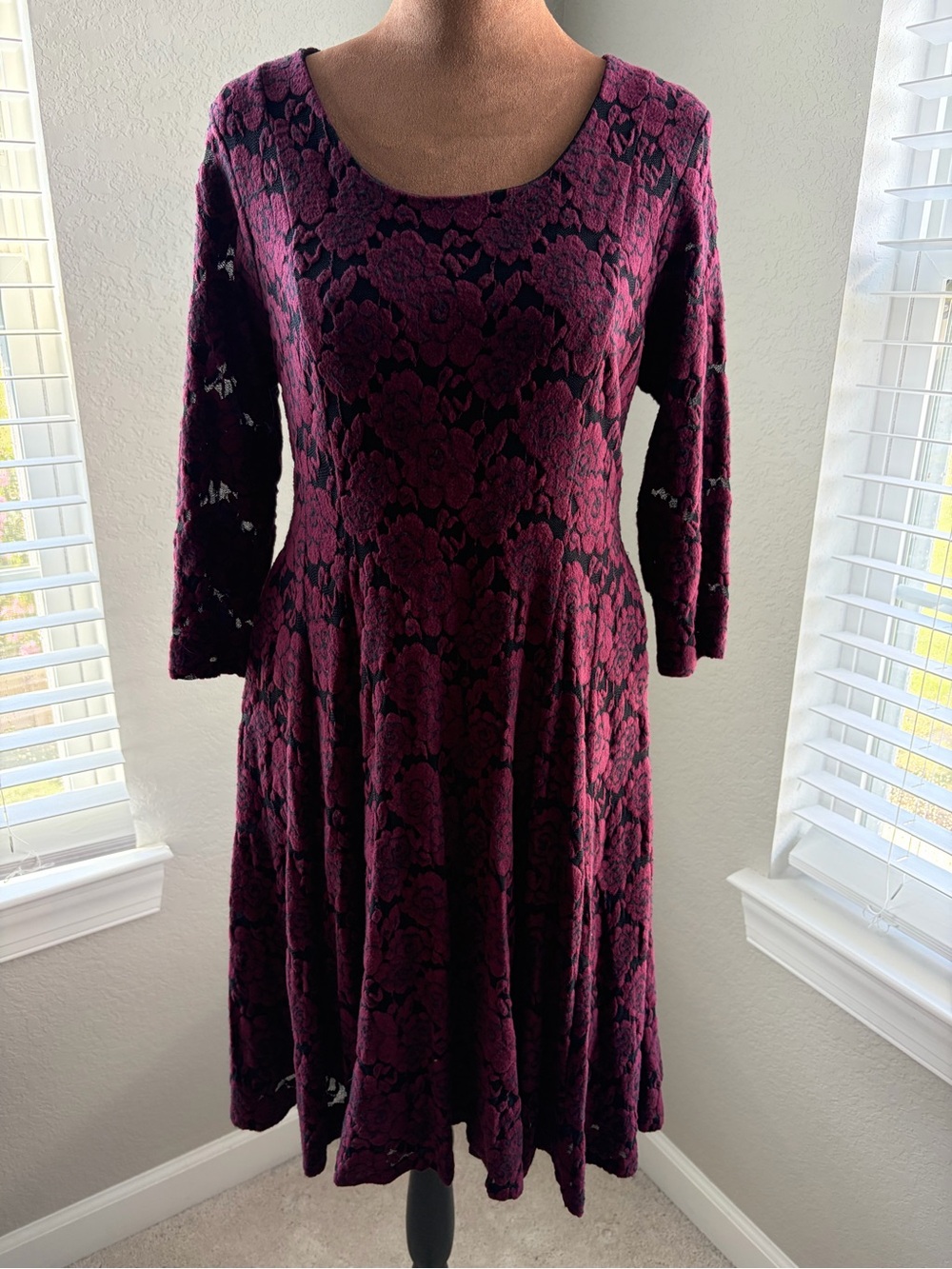 torrid Burgundy and Black Floral Lace Long Sleeve Fit-and-Flare Dress